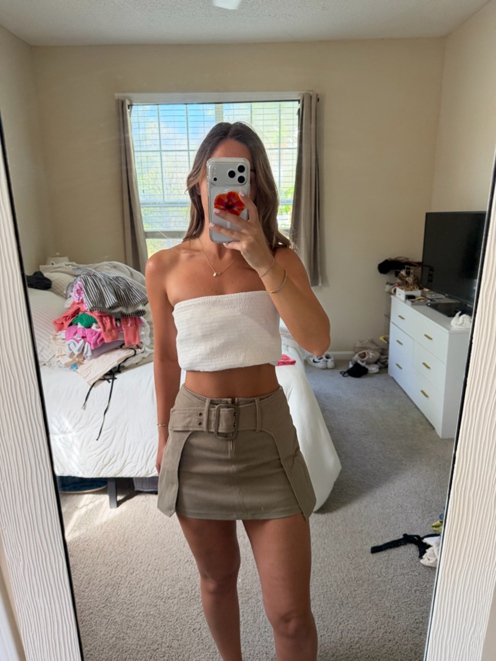 Windsor Olive-Tan Belted Mini Skirt